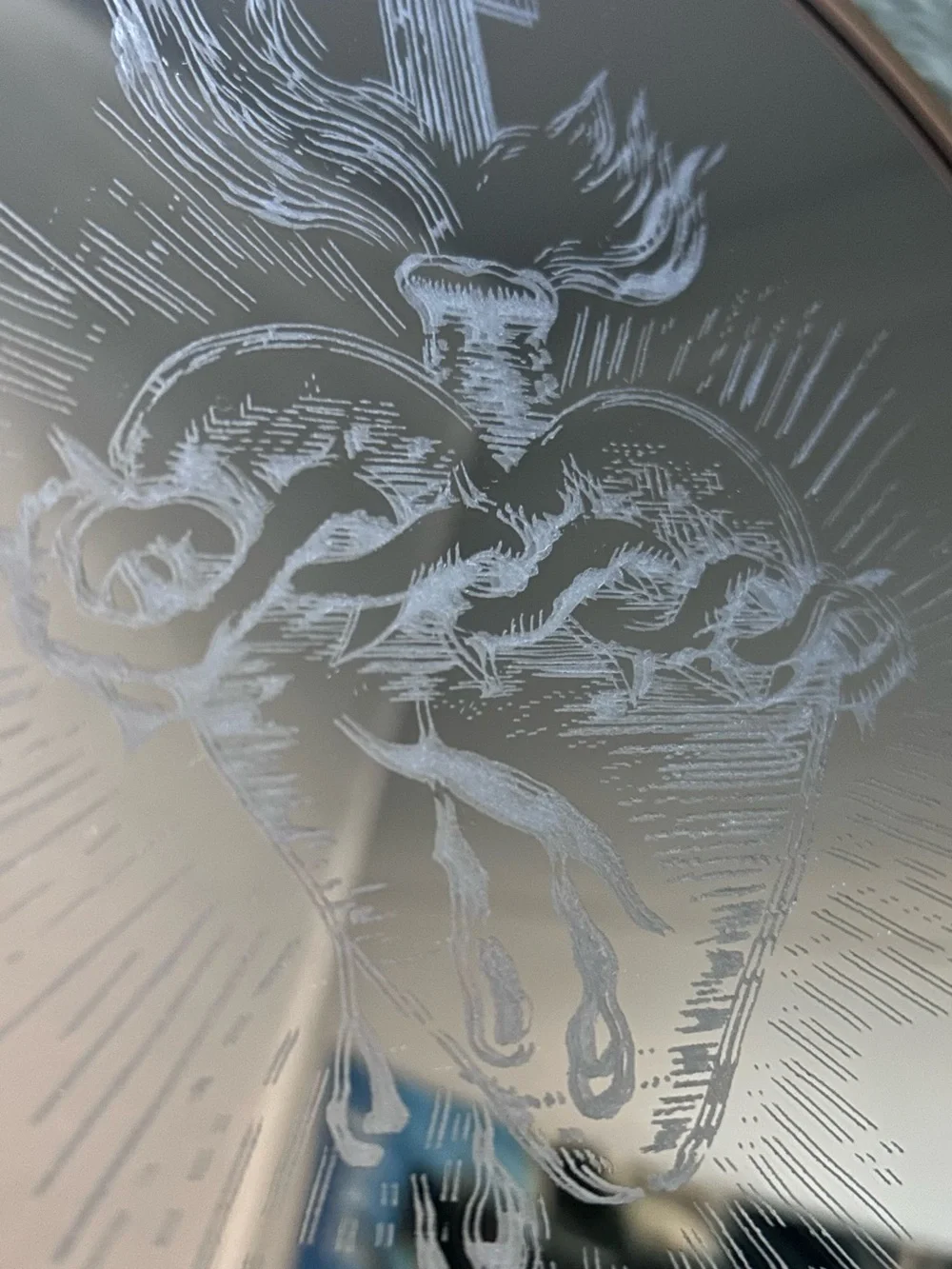 Etched Sacred Heart Glass Panel - White Etching